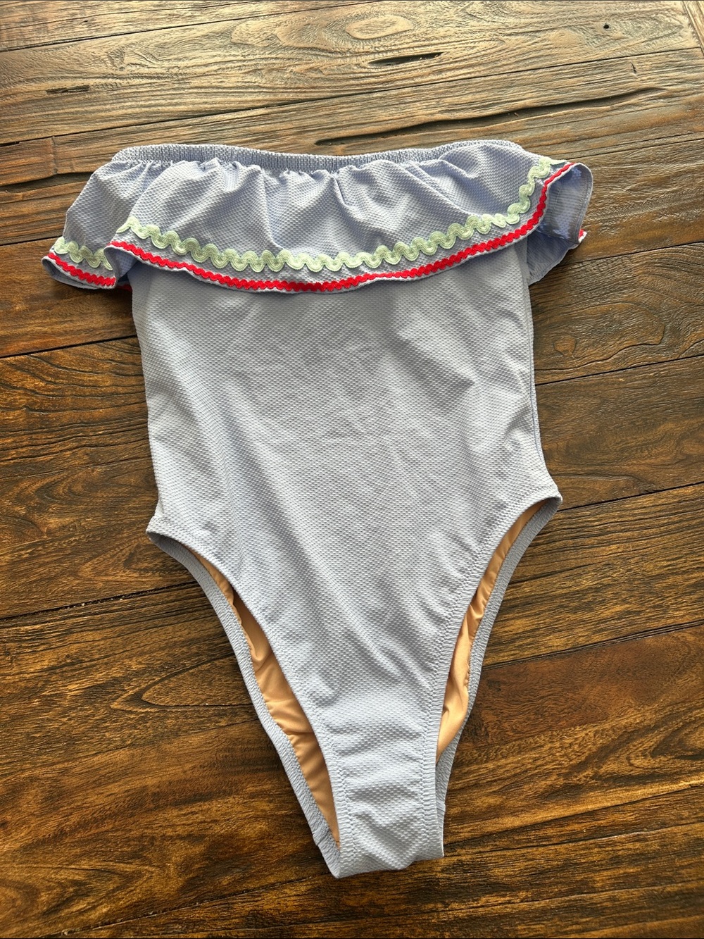 J. Crew Light Blue Off-Shoulder One-Piece with Embroidered Trim
